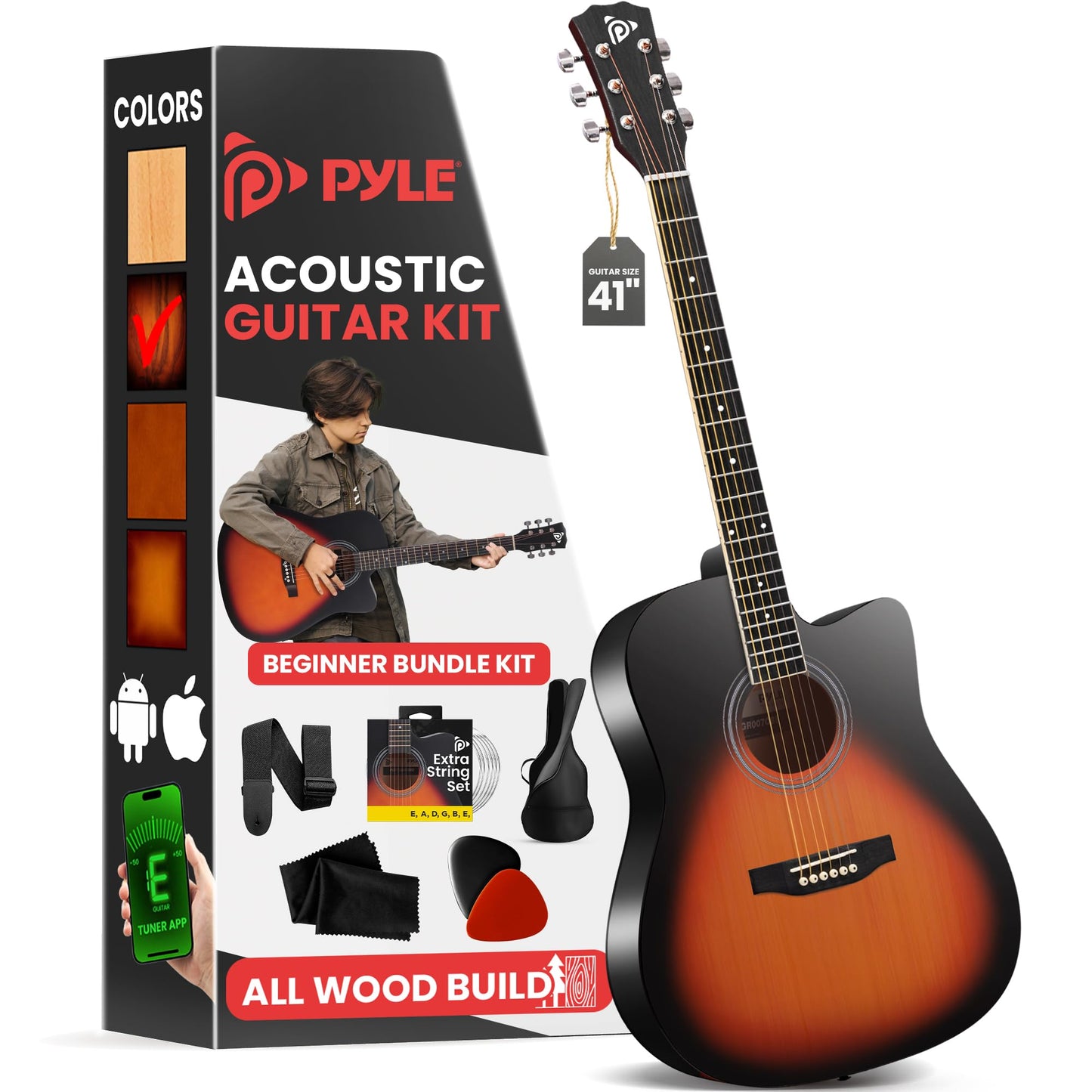 Pyle Steel String Acoustic Guitar Kit, 4/4 Full Size Cutaway All-Wood Guitarra Acustica with Premium Accessory Set and Upgraded Gig Bag, 41" Sunburst Teardrop Matte