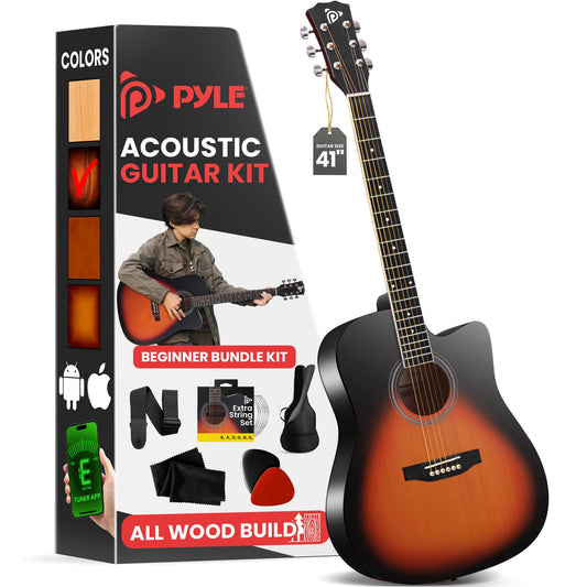 Pyle Steel String Acoustic Guitar Kit, 4/4 Full Size Cutaway All-Wood Guitarra Acustica with Premium Accessory Set and Upgraded Gig Bag, 41" Sunburst Teardrop Matte