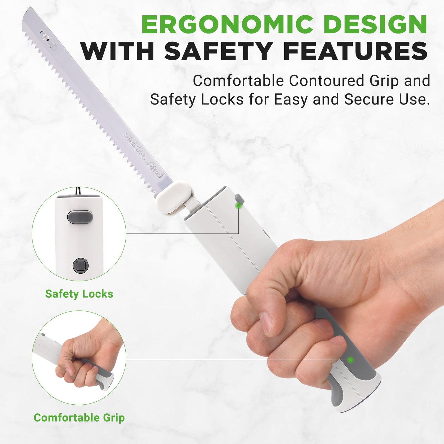 NutriChef Cordless Electric Knife | Easy to Use Constant ON/OFF Safety Function Button | Carve Turkey, Meats, Poultry, Bread, Cheese & More | Lightweight with Contoured Grip Handle | White & Grey