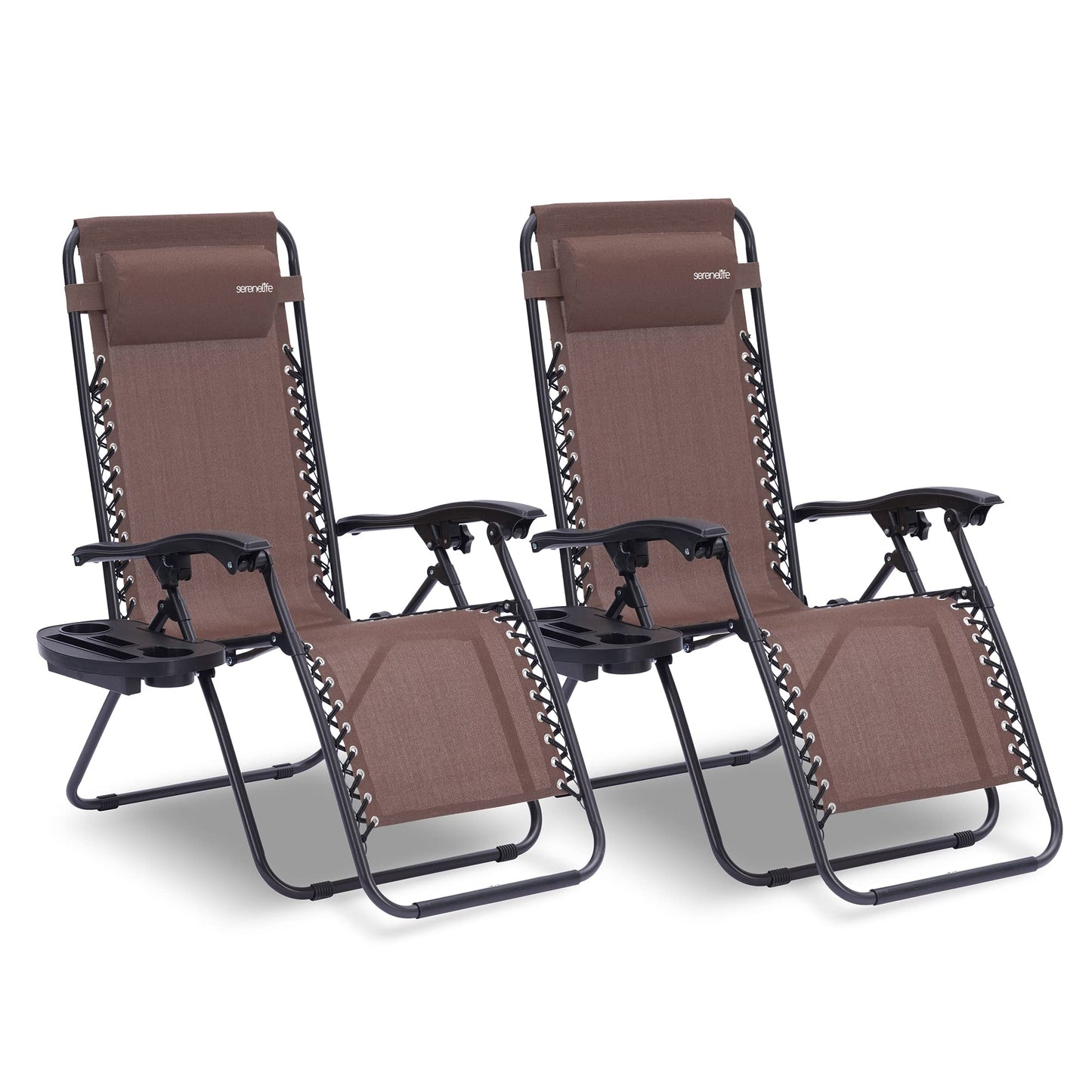 SereneLife Outdoor Zero Gravity Recliner Lounge Chairs 2-Pack with Padded Headrests, Plastic Side Tables & Cup Holders – Foldable Patio, Deck & Lawn Chairs for Relaxing, Camping – Brown