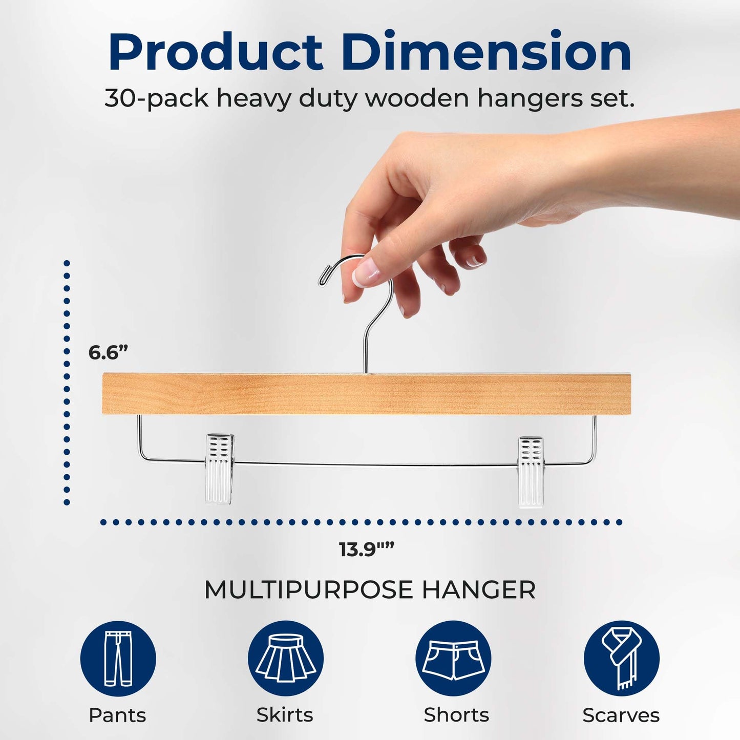 SereneLife 30 Pack Wooden Pants Hangers with Clips – Natural Wood 14"x0.5"x6.7", Heavy Duty Wood Skirt Hangers with 360° Swivel Hook & Adjustable Non-Slip Clips for Jeans Slacks Shorts