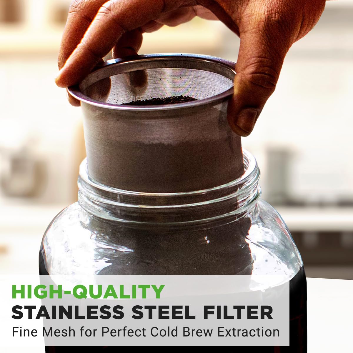 NutriChef 1-Gallon Cold Brew Coffee Maker - Wide-Mouth Glass Mason Jar Style w/Stainless Steel Spigot Tap & Reusable Mesh Filter - Leak Resistant, Drip-Free, & Easy to Clean
