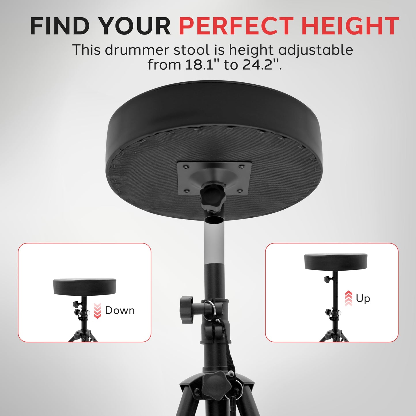 Pyle Drum Throne, Rotatable Padded Seat, Adjustable Height, Foldable Design, Solid Steel Legs, Non-Slip Rubber Feet, Musicians & Drummers, Assembly Required, Supports Up to 330 lbs, 0 lbs Weight