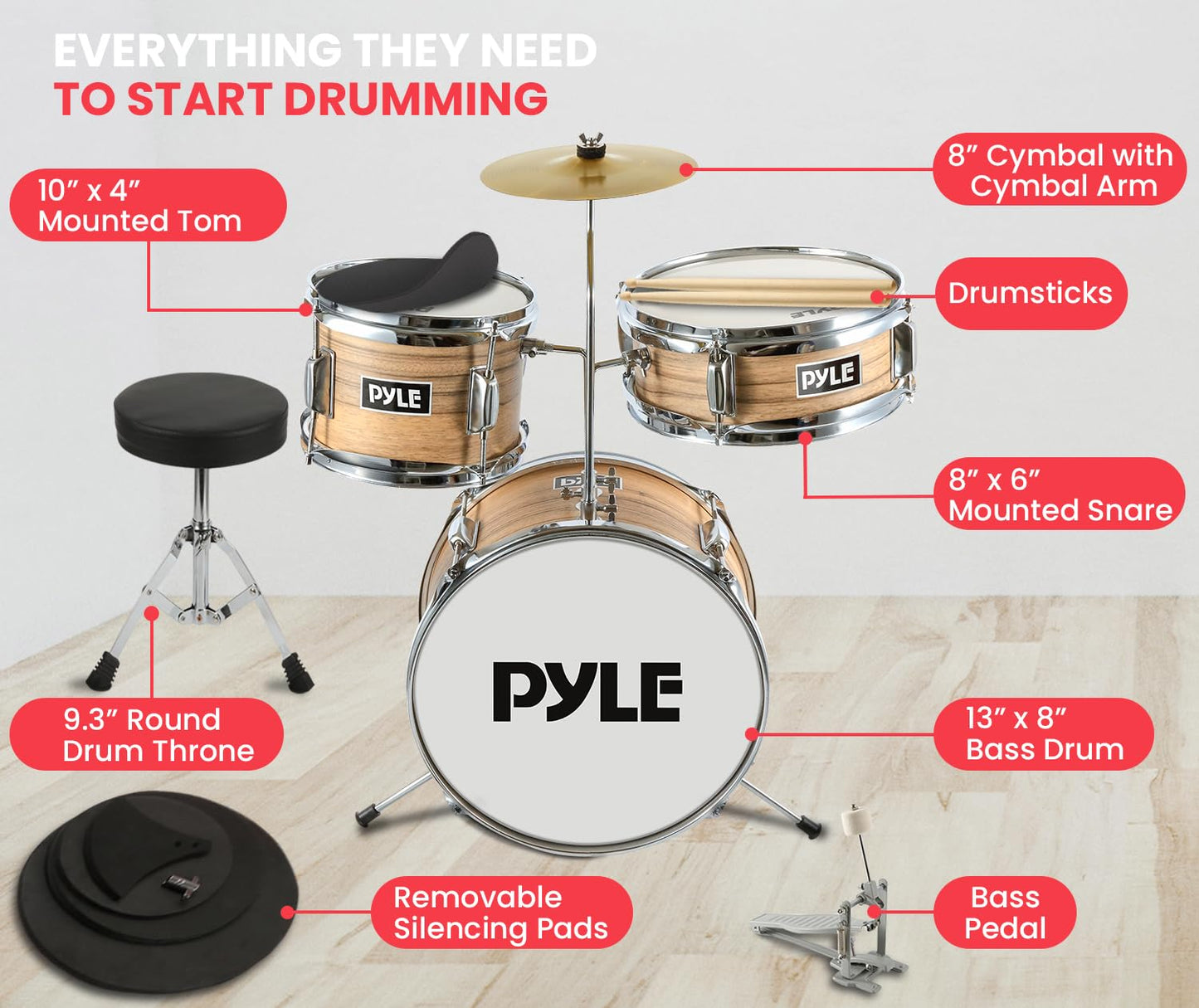 Pyle Kids Drum Set, 3 Piece Beginner Junior Drummer Kit with 13" Bass Drum, Snare, Tom, Cymbal, Adjustable Throne, Mutes, Drumsticks, Natural