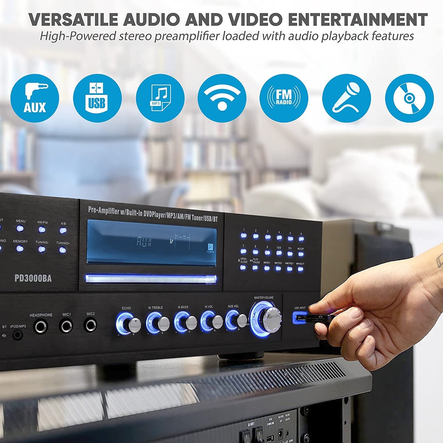 Pyle 4 Channel Wireless Bluetooth Amplifier - 3000W Peak Stereo Audio Receiver FM Radio - USB - 2 Mic Inputs w/ Echo - HDMI - 24-Bit Decode - CD/DVD - Subwoofer Output - LED - Rack Mount - PD3000BA