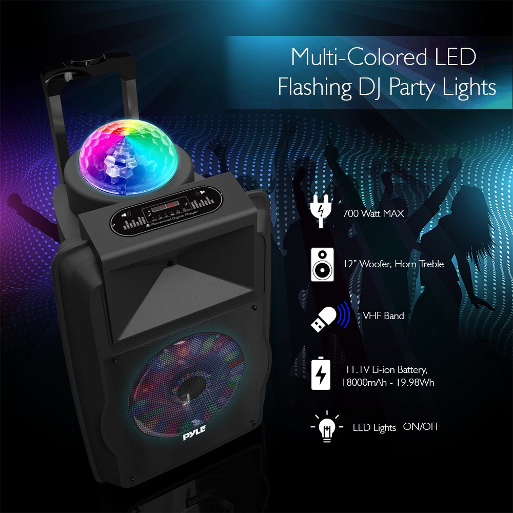 Pyle Wireless Portable PA Speaker System - 700 W Battery Powered Rechargeable Sound Speaker and Microphone Set with Bluetooth MP3 USB Micro SD FM Radio AUX 1/4" DJ lights - For PA / Party