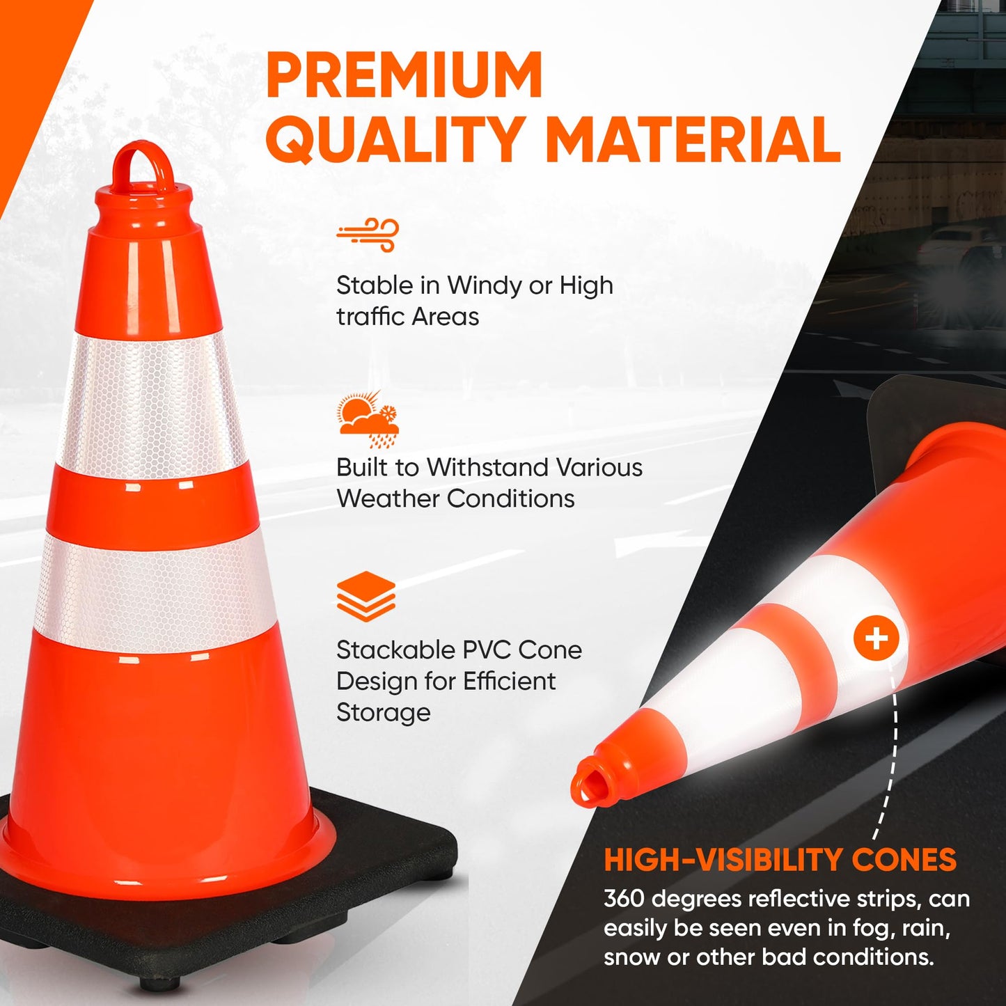 Pyle 18" PVC Traffic Cones, 6-Pack Safety Cones for Parking, Construction, Roadwork, & Sports Training, High-Visibility Orange, Durable, Stackable Design, Heavy-Duty Base for Stability in All Weather