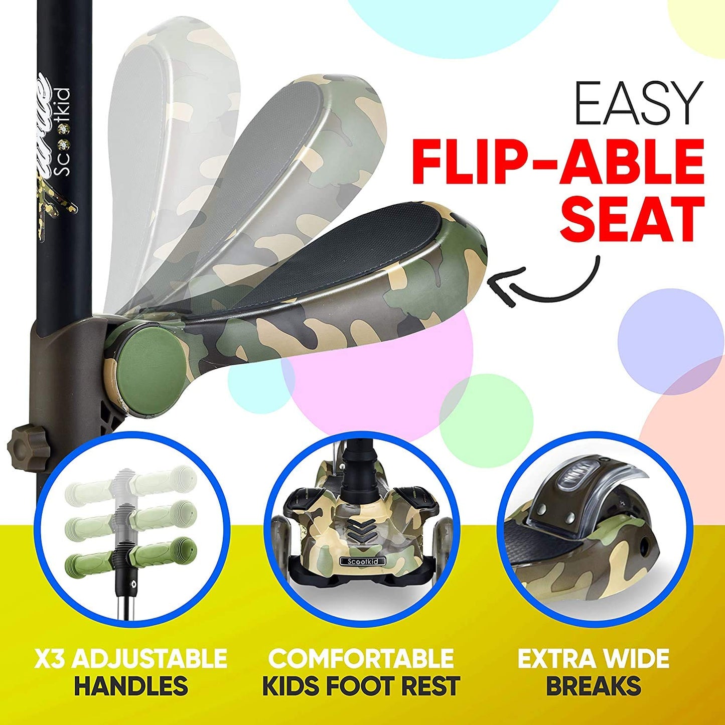 Hurtle Kids Scooter - Child Toddler Kick Scooter Toy with Foldable Seat - 3 Wheel Scooter with Adjustable Height, Anti-Slip Deck, Flashing Wheel Lights, for Boys/Girls 1-12 Year Old, Camouflage