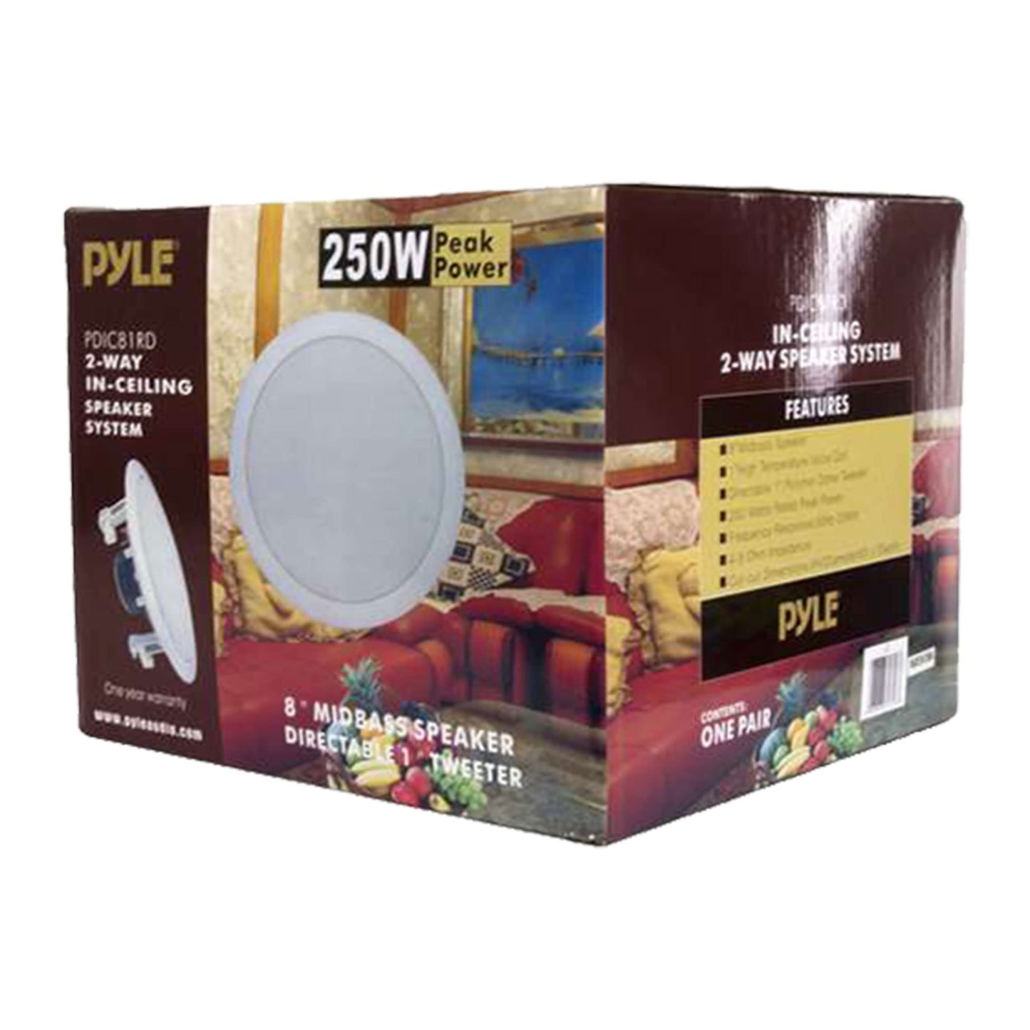 8'' 2-Way Midbass Woofer Speakers - Pair In-Wall/In-Ceiling Woofer Speaker System 1'' High-Temperature Voice Coil Flush Mount Design w/50Hz - 20kHz Frequency Response 250 Watts Peak - Pyle PDIC81RD
