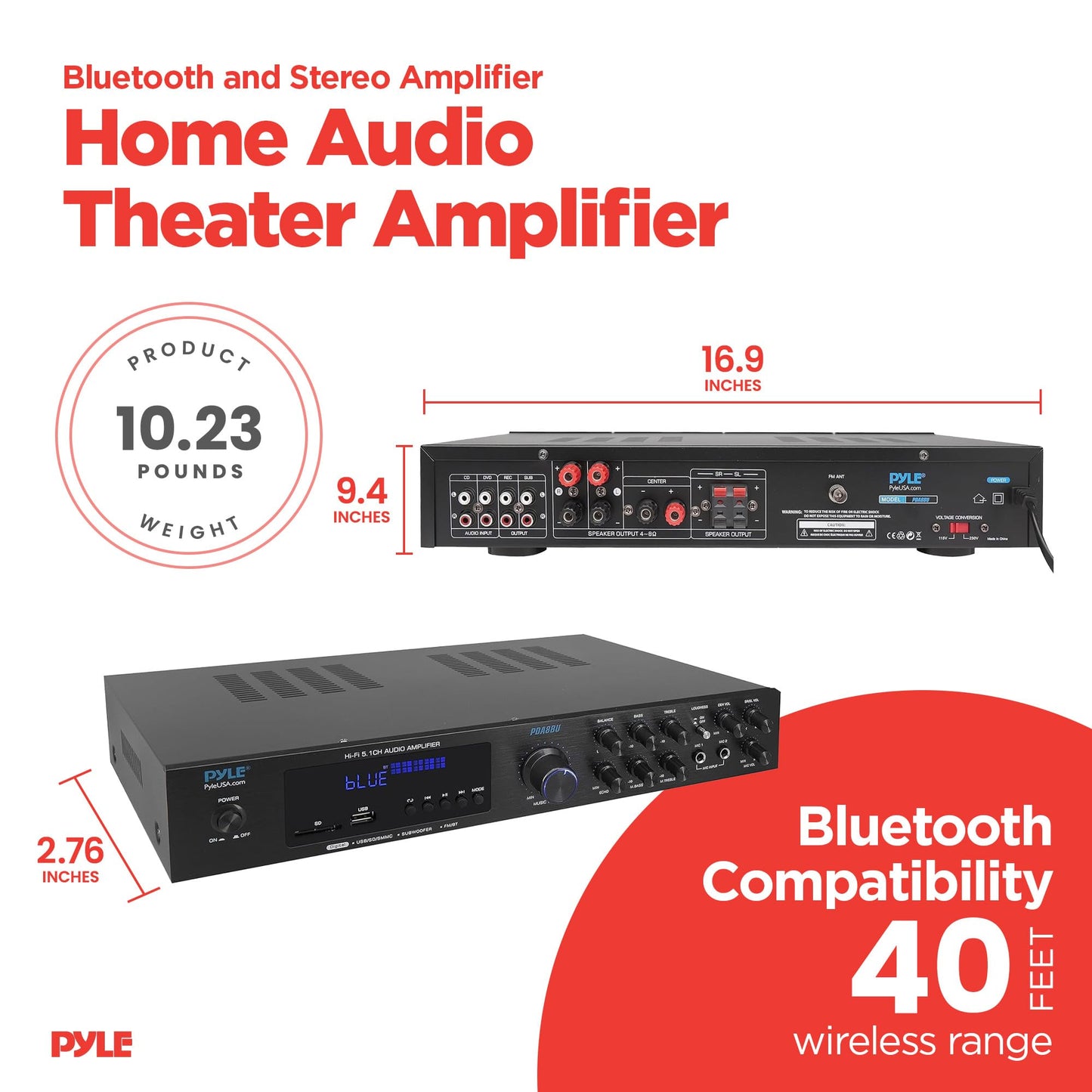 Pyle 5-Channel Wireless Bluetooth 5.0 Audio Amplifier - Stereo Amp for Home Speakers with MP3/USB/SD - AUX - FM Radio - 2 Mic Inputs w/ Echo - Subwoofer Output - VFD Display - Remote Control - PDA8BU