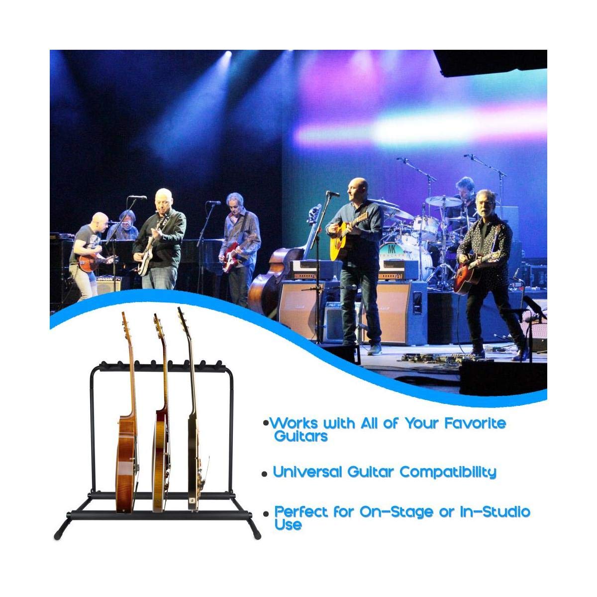 Pyle Multi-Guitar Stand 7 Slot Display Rack - Universal Framework Designed for Electric, Acoustic, Bass Guitars & Cases - Foldable, Portable, and Protective with No-Slip Non-Scratch Padding - Black