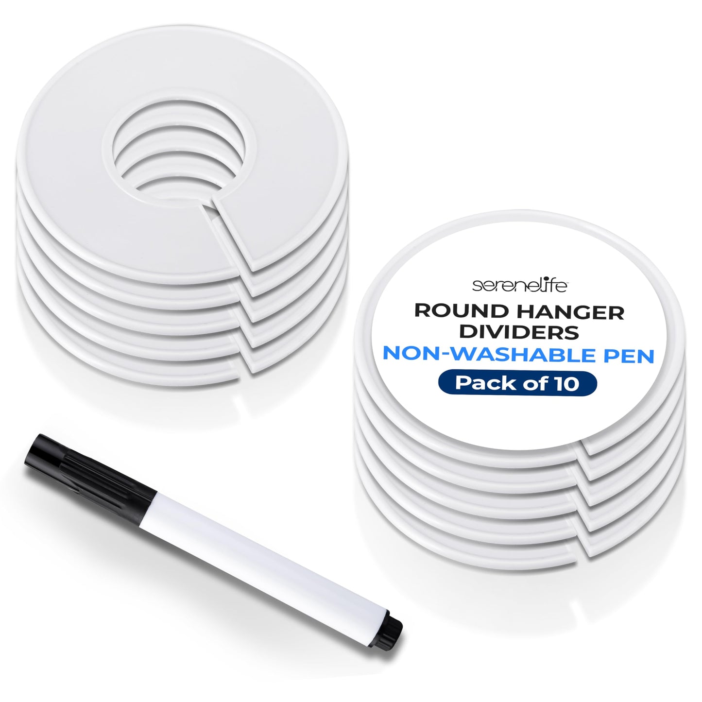 SereneLifeHome 10 Pieces White Plastic Round Hangers - Clothing Rack Size Dividers Closet Organizer/Dividers for Clothing Rack. All White with 1 Bonus Non-Washable Black Marker Pen - SLHASPLT34