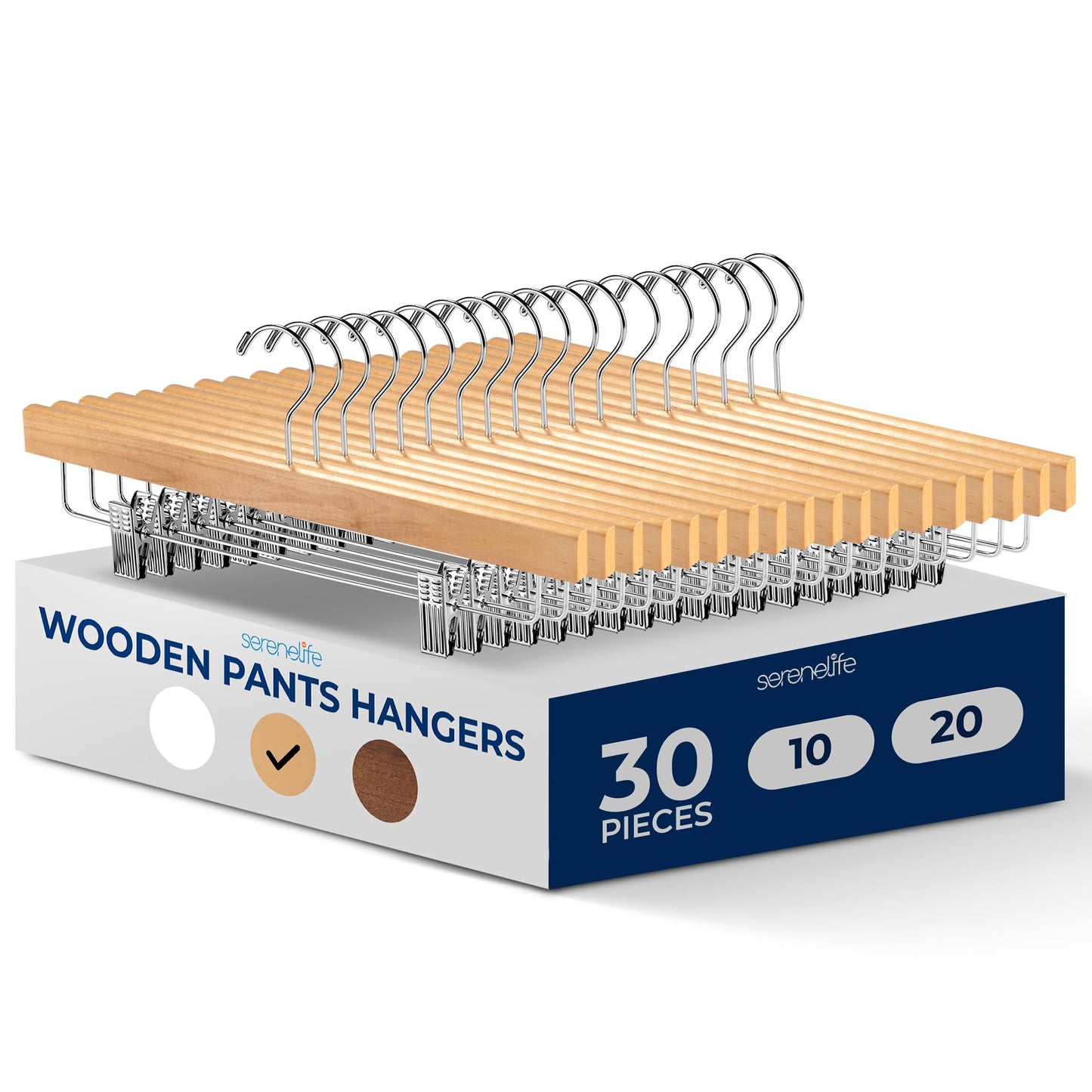 SereneLife 30 Pack Wooden Pants Hangers with Clips – Natural Wood 14"x0.5"x6.7", Heavy Duty Wood Skirt Hangers with 360° Swivel Hook & Adjustable Non-Slip Clips for Jeans Slacks Shorts