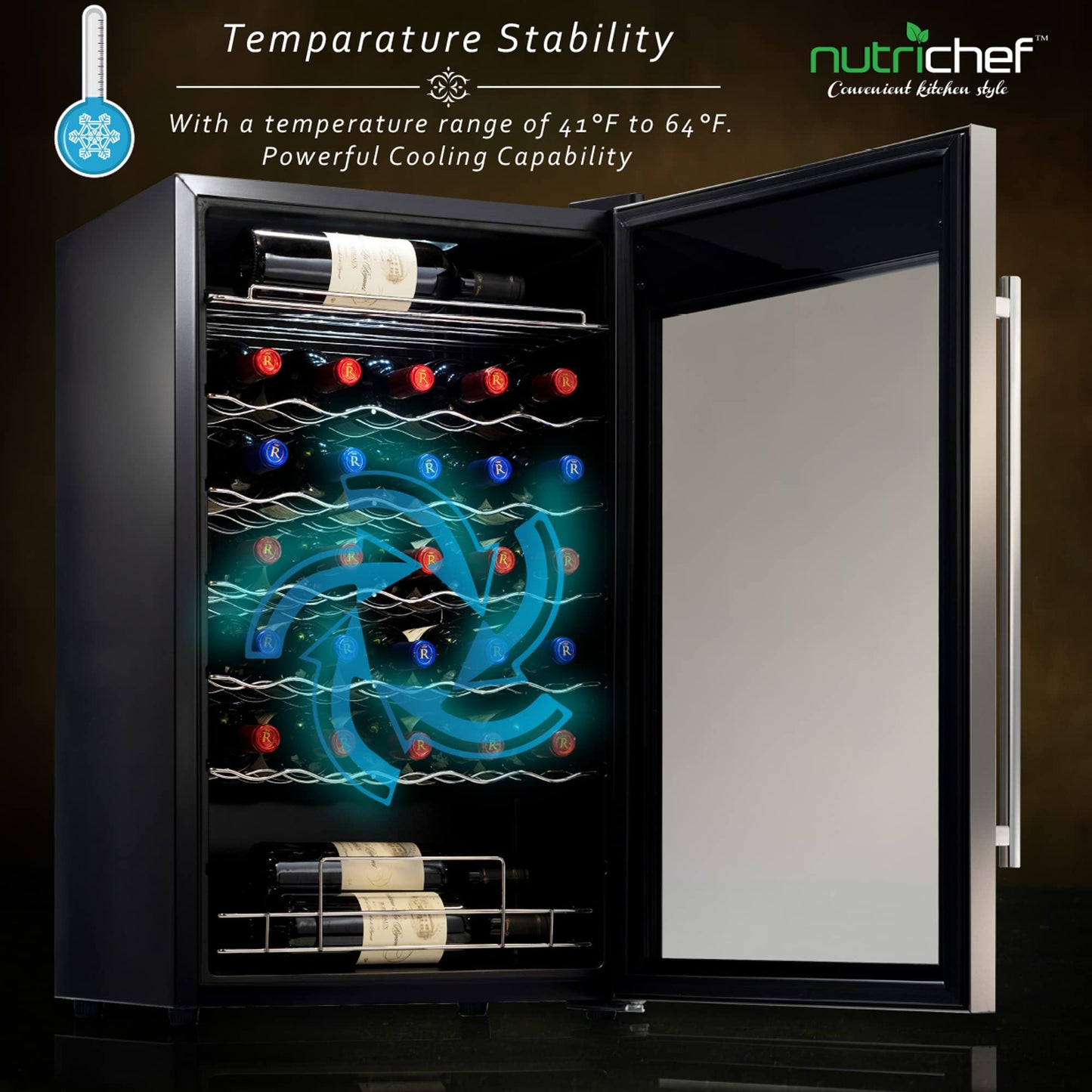 Nutrichef 34 Bottle Wine Fridge | Single Zone Wine Chiller for Chilled Wines | Adjustable Temperature 41F - 64 F | Ultra Quiet Operation | Wine Cooler for Home & Office | 33x19x17 IN | Stainless Steel