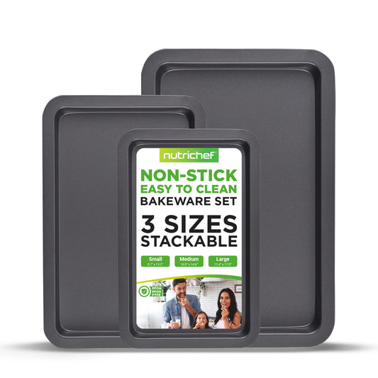 NutriChef 3-Piece Non-Stick Cookie Sheets for Baking - Heavy Duty Steel Baking Sheet Pans for Toasters & Oven - Small, Medium, & Large Size Baking Trays - PFOS, PFOA, PTFE-Free Nonstick Coating