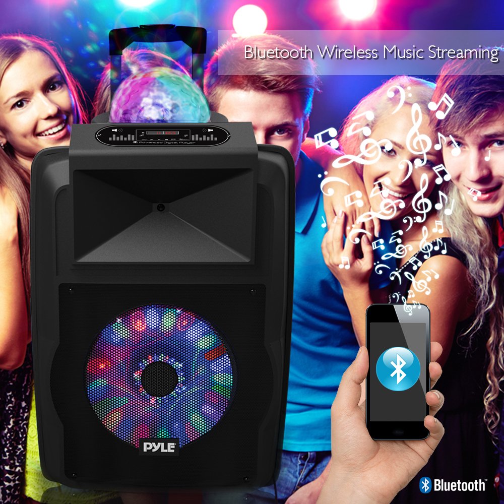 Pyle Wireless Portable PA Speaker System - 700 W Battery Powered Rechargeable Sound Speaker and Microphone Set with Bluetooth MP3 USB Micro SD FM Radio AUX 1/4" DJ lights - For PA / Party
