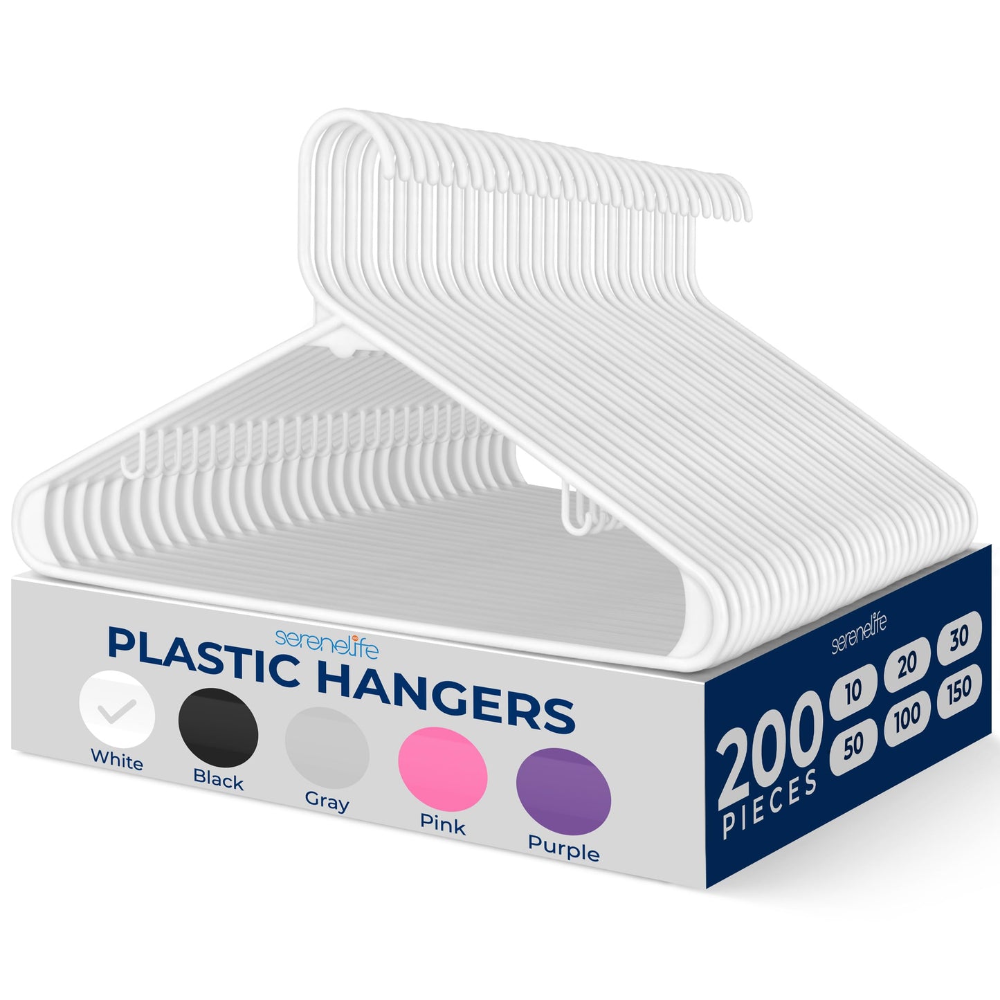 SereneLife White Plastic Hangers 200 Pcs, Durable Hanger Set with Slip Design, Tubular Hangers with 2 Integrated Strap Hooks, Mega Pack for Clothes