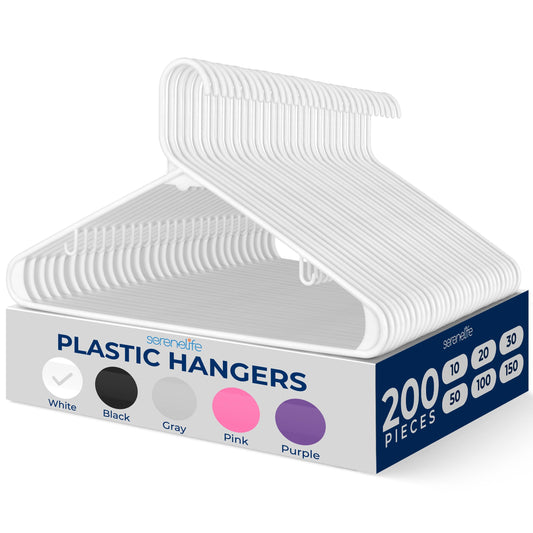 SereneLife White Plastic Hangers 200 Pcs, Durable Hanger Set with Slip Design, Tubular Hangers with 2 Integrated Strap Hooks, Mega Pack for Clothes