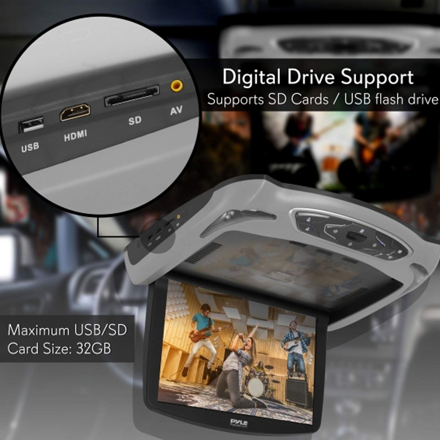 Pyle Car Roof Mount DVD Player Monitor 13.3 inch Vehicle Flip Down Overhead Screen- HDMI SD USB Card Input with Built-in IR Transmitter for Wireless IR Headphone, 3 Style Colors - Pyle PLRD146