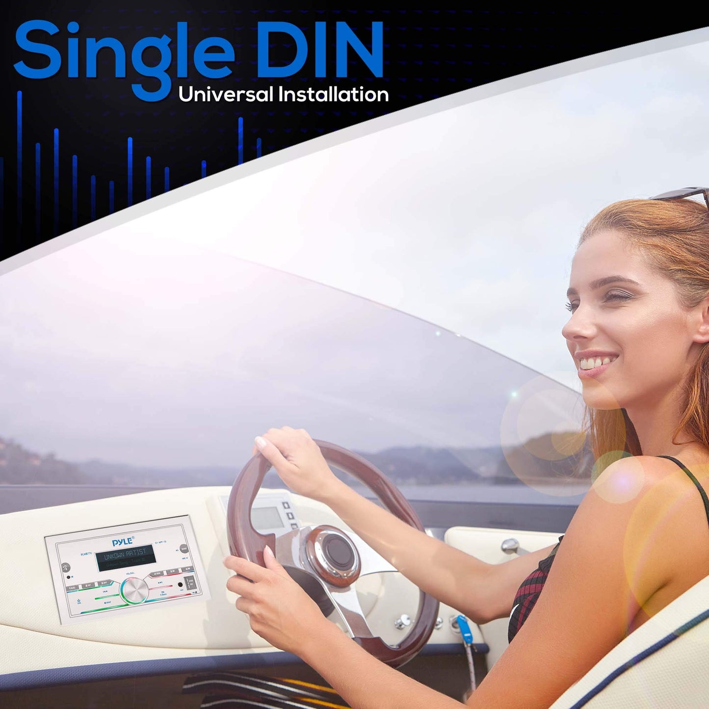 Pyle Marine Stereo, Bluetooth, USB/SD, 300W Double DIN Boat Radio Receiver, LCD Display, Hands-Free Calling, AUX, MP3, AM/FM Radio, Remote Control, PLMR77U, White, Built-in Microphone, 4x75W