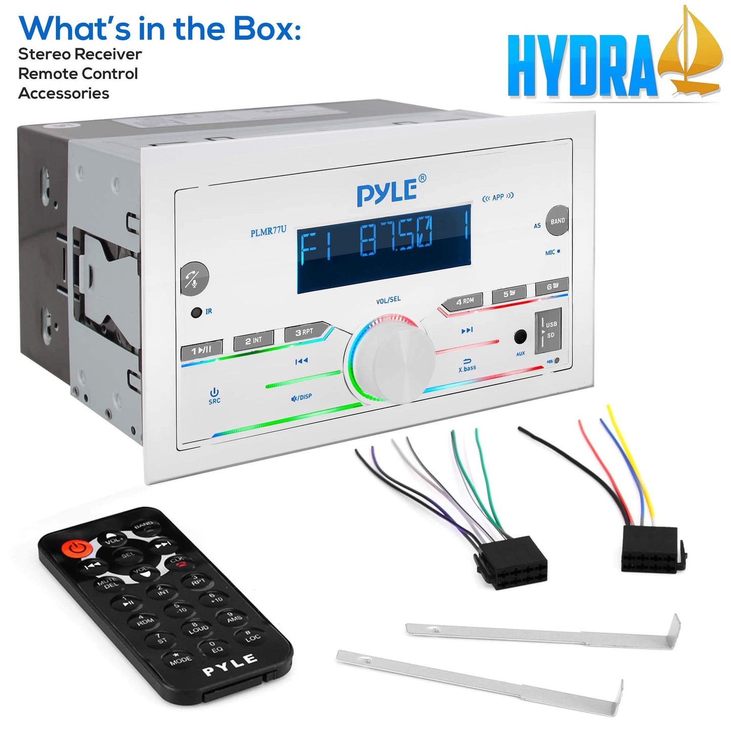 Pyle Marine Stereo, Bluetooth, USB/SD, 300W Double DIN Boat Radio Receiver, LCD Display, Hands-Free Calling, AUX, MP3, AM/FM Radio, Remote Control, PLMR77U, White, Built-in Microphone, 4x75W