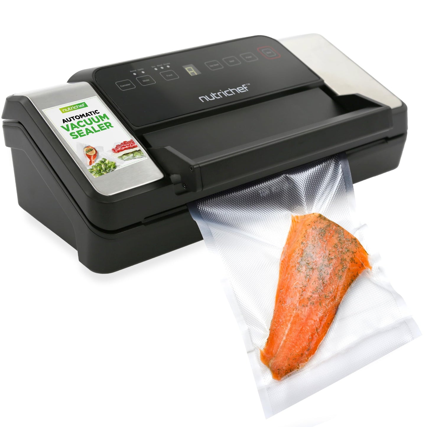 NutriChef Vacuum Sealer for Food (80Kpa) – Dry, Moist & Pulse Modes, Dual Seal, Built-in Roll Storage & Cutter, High-Power Suction, Durable Design, Includes Canister Hose & Bags