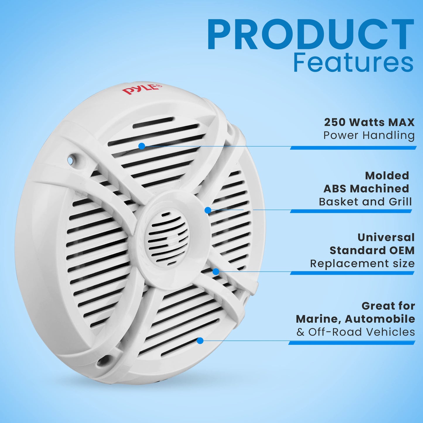 Pyle 250 Watt Marine Speaker System - Water Resistant Dual 2 Way 6.5 Inch Outdoor Stereo Audio Sound Speakers w/ 65Hz-20kHz Frequency Response, Heavy Duty 35oz Magnet Structure - Pyle PLMRX67 (White)