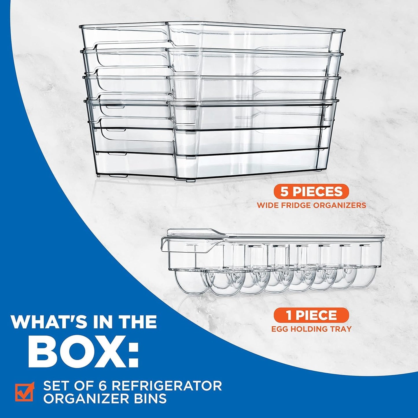 NutriChef 6-Piece Clear Refrigerator Organizer Set – 5 Wide Bins & 1 Egg Holder, BPA-Free, for Fridge, Freezer, Pantry, Cabinets & Countertops