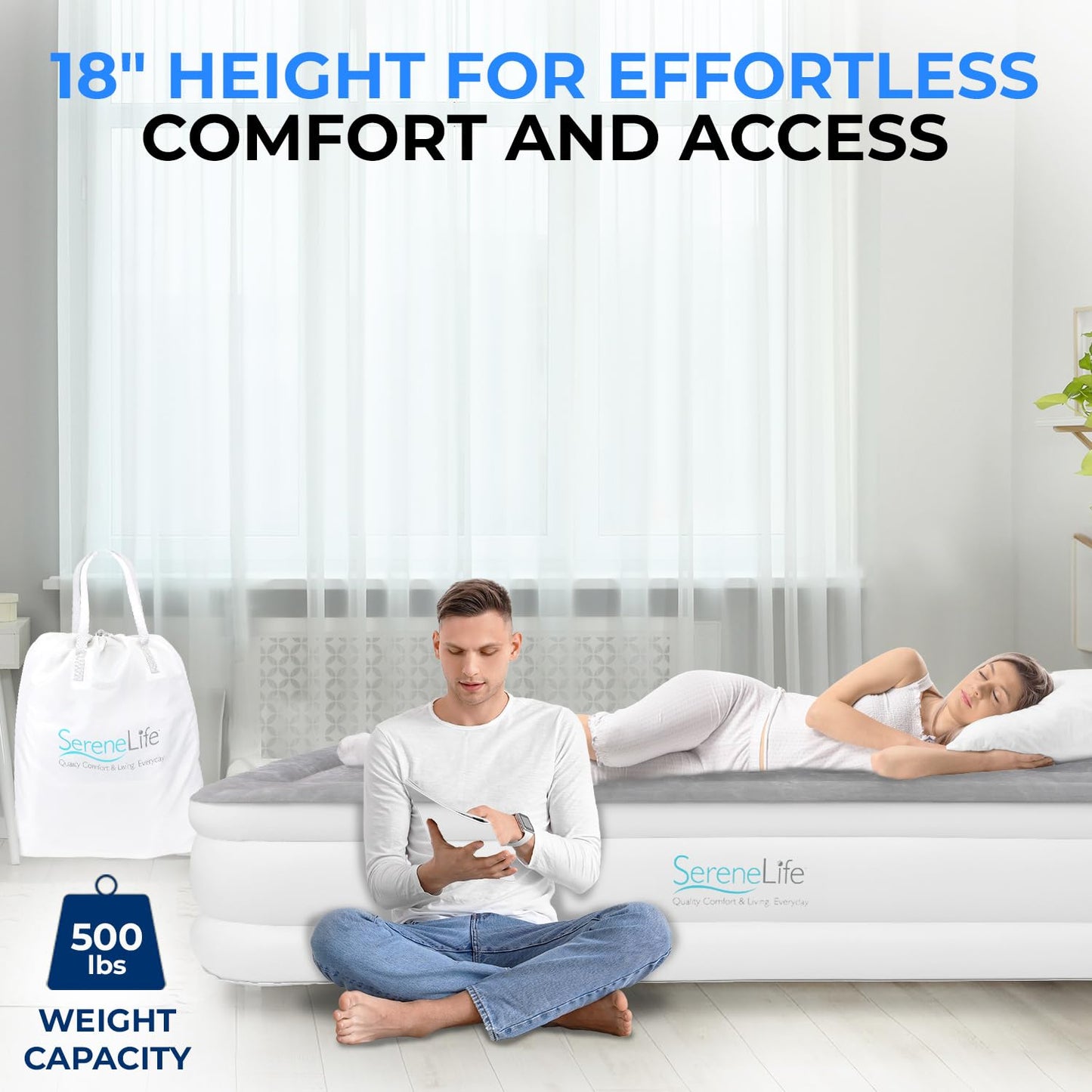 SereneLife Luxury Full Size Air Mattress with Built-In High Speed Pump, Adjustable Firmness Levels, Strong Spine Support, 18" Inflatable Airbed for Guests, Home, Camping, and Travel