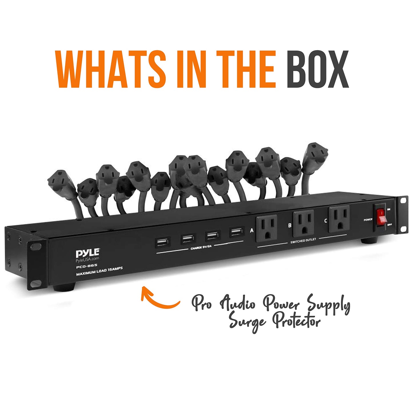 Pyle 19 Outlet 1U Rackmount Power Distribution Unit - Surge Protector - 15 Amp Circuit Breaker - 4 USB Ports - 15FT Cord - Power Supply for Servers, Audio Equipment, Home/Office Use - PCO865