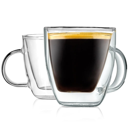 NutriChef 5.2 Oz Espresso Cups (Set Of 2), Double Walled Glass Coffee Mugs For Hot And Cold Drinks, Insulated Glass Coffee Mugs With Handle
