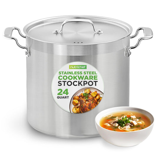 NutriChef Stainless Steel Cookware Stock Pot - 24 Quart, Heavy Duty Induction Soup Pot With Lid, Induction, Ceramic, Glass and Halogen Cooktops Compatible - NCSPT24Q