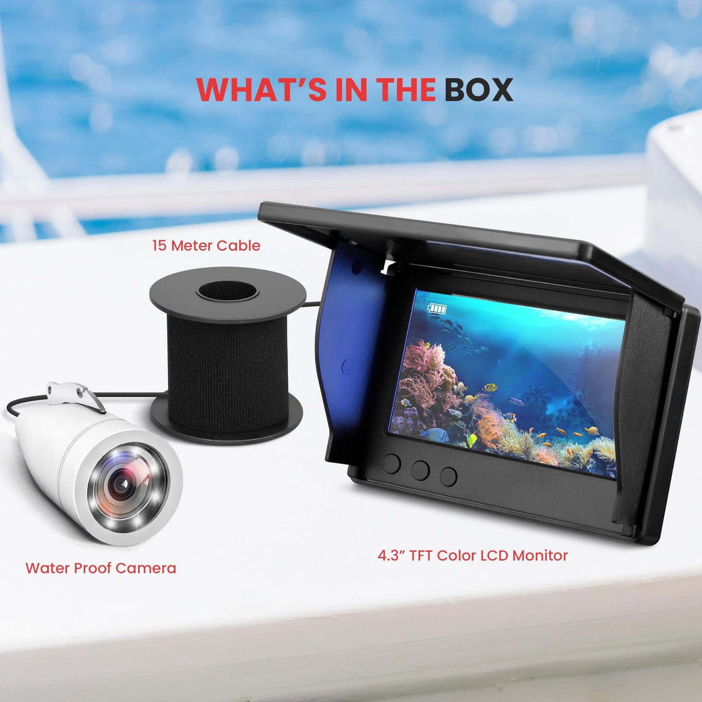 Pyle Underwater Fishing Camera, 4.3'' LCD Monitor, 1000TVL, IP68 Waterproof, 12 Infrared Lights, Removable Sun-visor, Includes Carrying Case, Ideal for Ice/Ocean/Lake Fishing