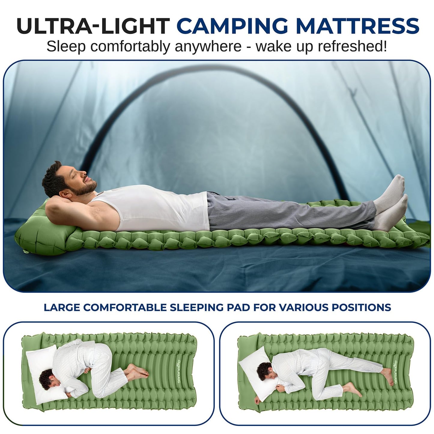 SereneLife Sleeping Pad with Pillow for Camping - Compact Sleeping Mat with Fast Inflation, Lightweight, and Tear-Resistant Backpacking Air Mattress with Carry Bag for Camping, Backpacking, Hiking