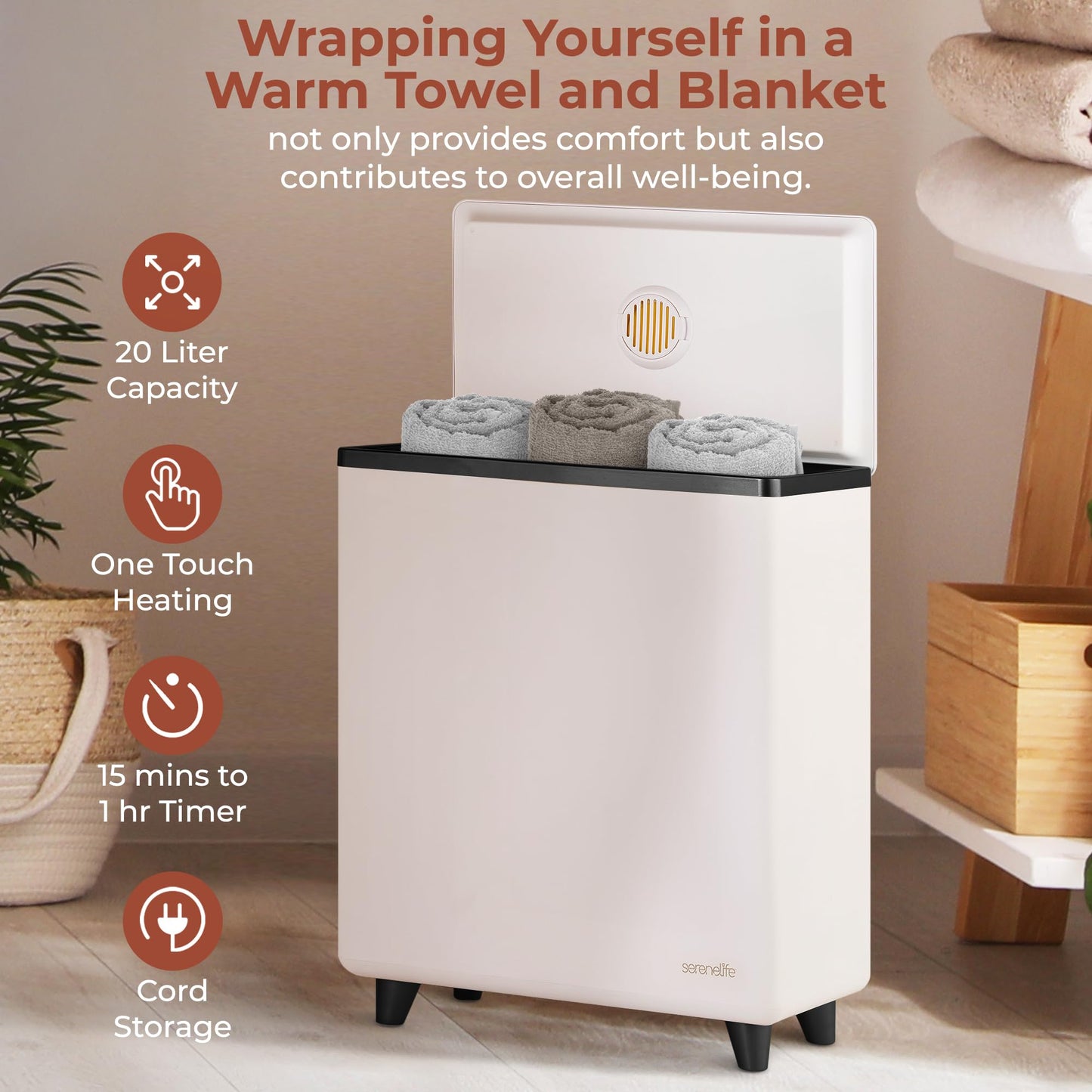 SereneLife Luxury Rectangle Towel Warmer - Spa & Bathroom Heater with Custom Fragrance, Auto Shut-Off, Fits 2 large Towels, Blankets, Bathrobes, PJ's - Perfect Gift for Him & Her (Black)