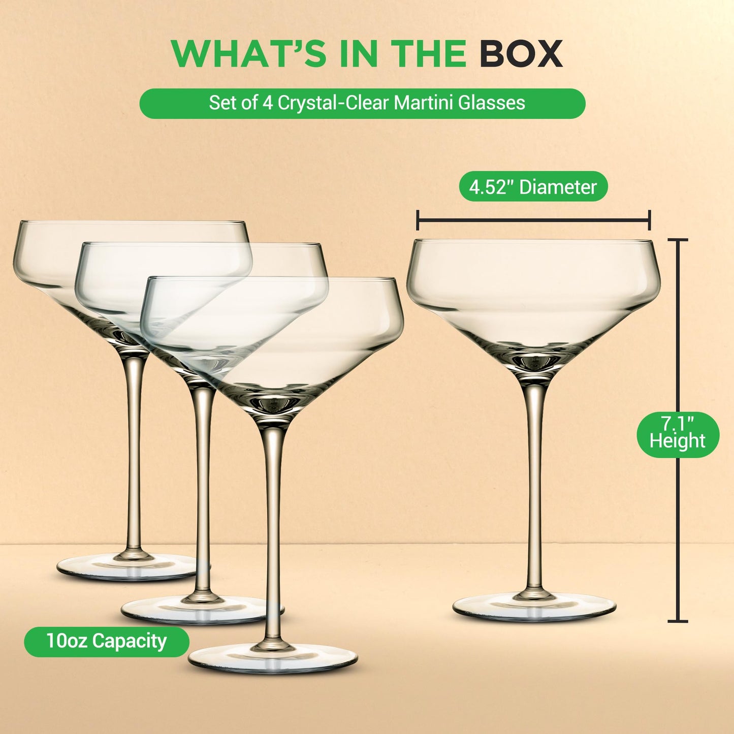 NutriChef 4 Piece Crystal Martini Glasses, 10 Oz Crystal Clear Stemmed Cocktail Glass, Dishwasher Safe Glassware for Cocktail, Wine, Champagne, Parties, Bar, Wedding, & Gift