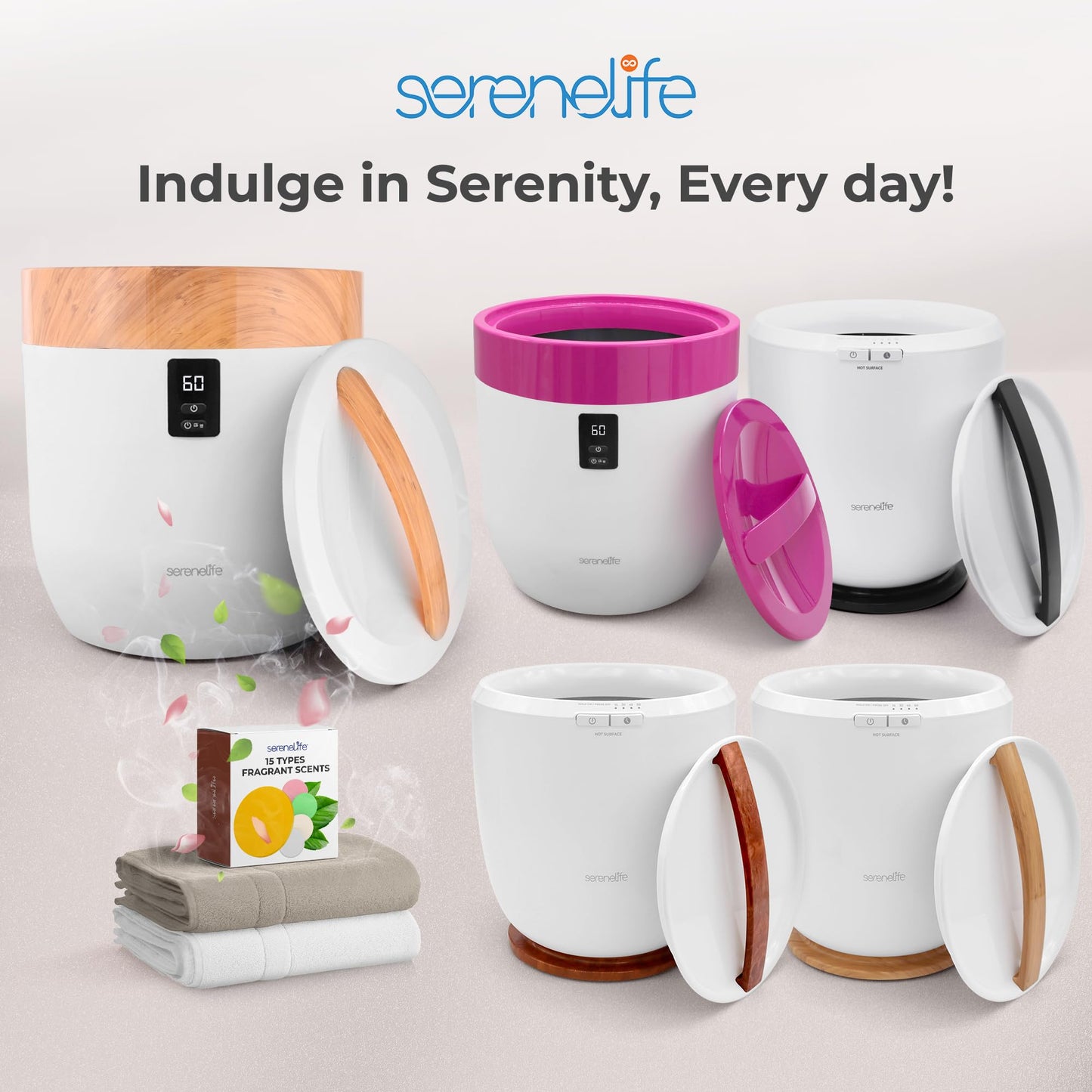 SereneLife Counter Towel Warmer Bucket - with Customized Fragrance for Spa and Bathroom, Luxury Heater, Auto Shut Off, Fits 1 Large Blanket, Bathrobe, PJs (Wood)