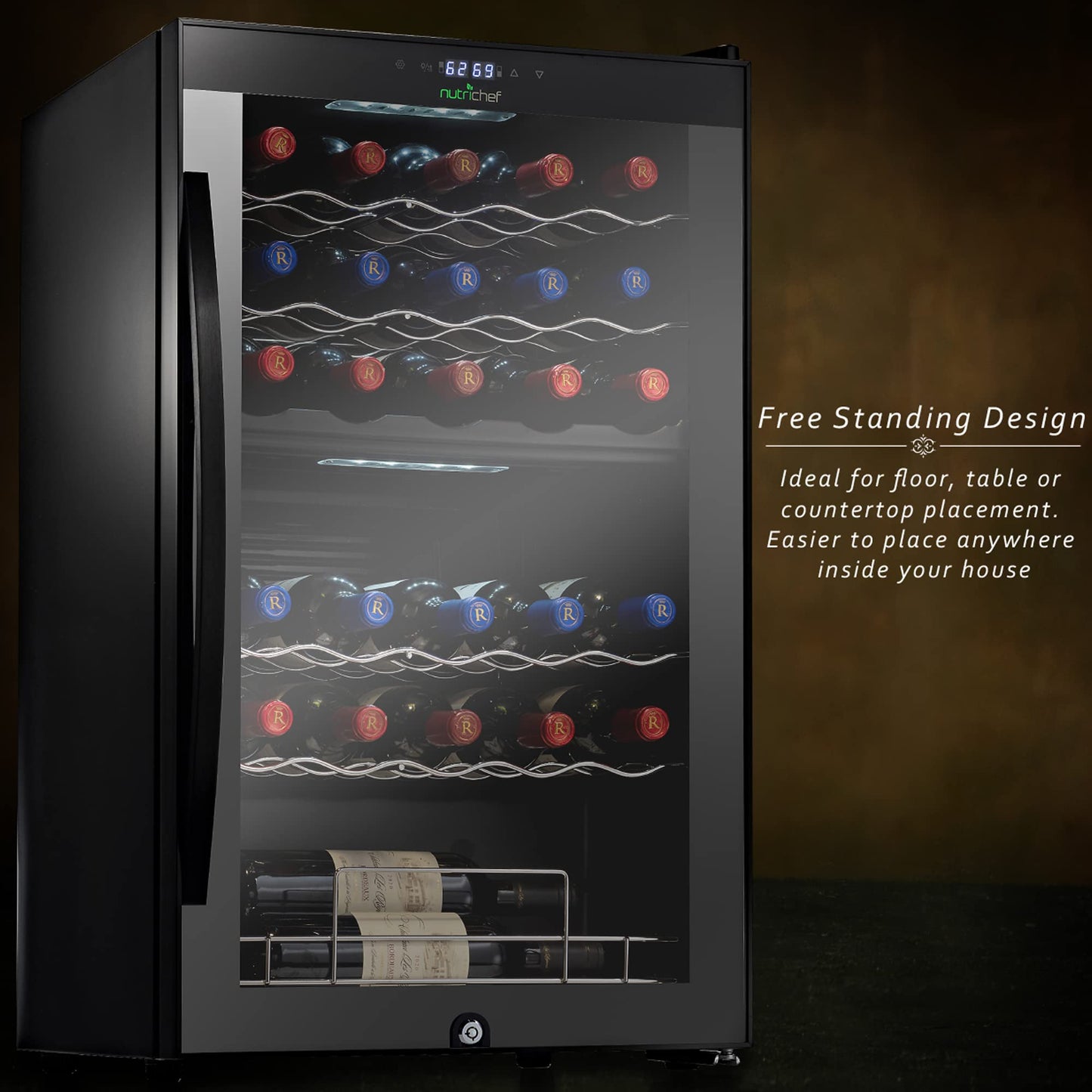 Nutrichef 33 Bottle Wine Fridge | Dual Zone Wine Chiller | Adjustable Temperature 41°F to 64°F | Ultra Quiet Operation | Wine Cooler For Home, & Office | Free Standing 33x19x17 IN | Black
