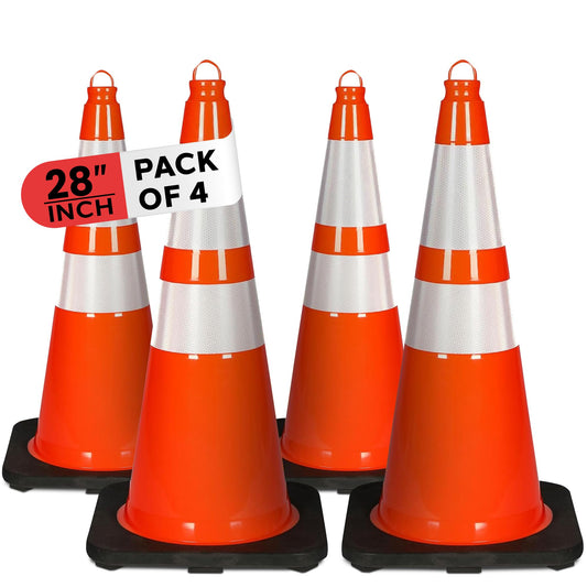 Pyle 28" PVC Traffic Cones, 4-Pack Safety Cones for Parking, Construction, Roadwork, & Sports Training, High-Visibility Orange, Durable, Stackable Design, Heavy-Duty Base for Stability in All Weather