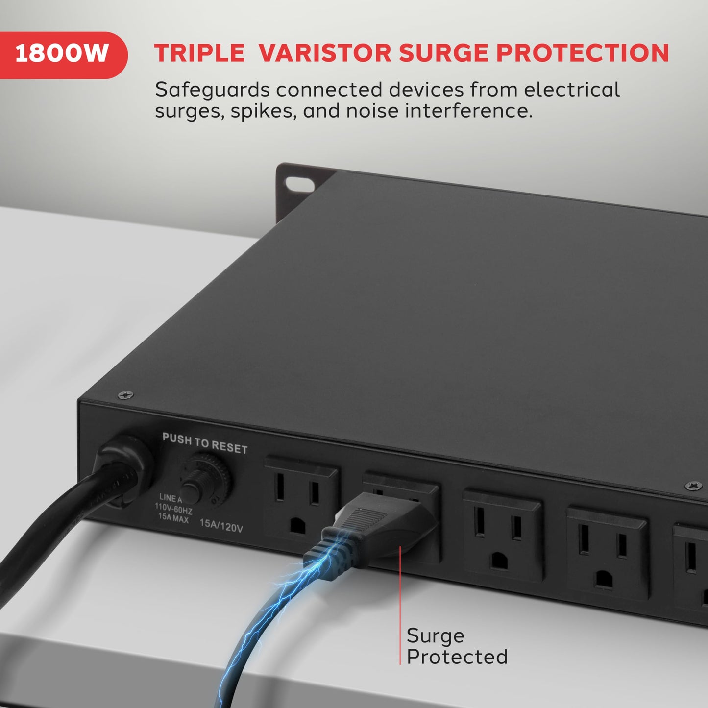 Pyle 1800W 8 Rack Mount Conditioner-15 Amp Surge Protector with Noise Suppression Rear Outlet for Multi Appliances-Triple Mode Protection-AC Power-for Home & Computer, Black (PCO800)
