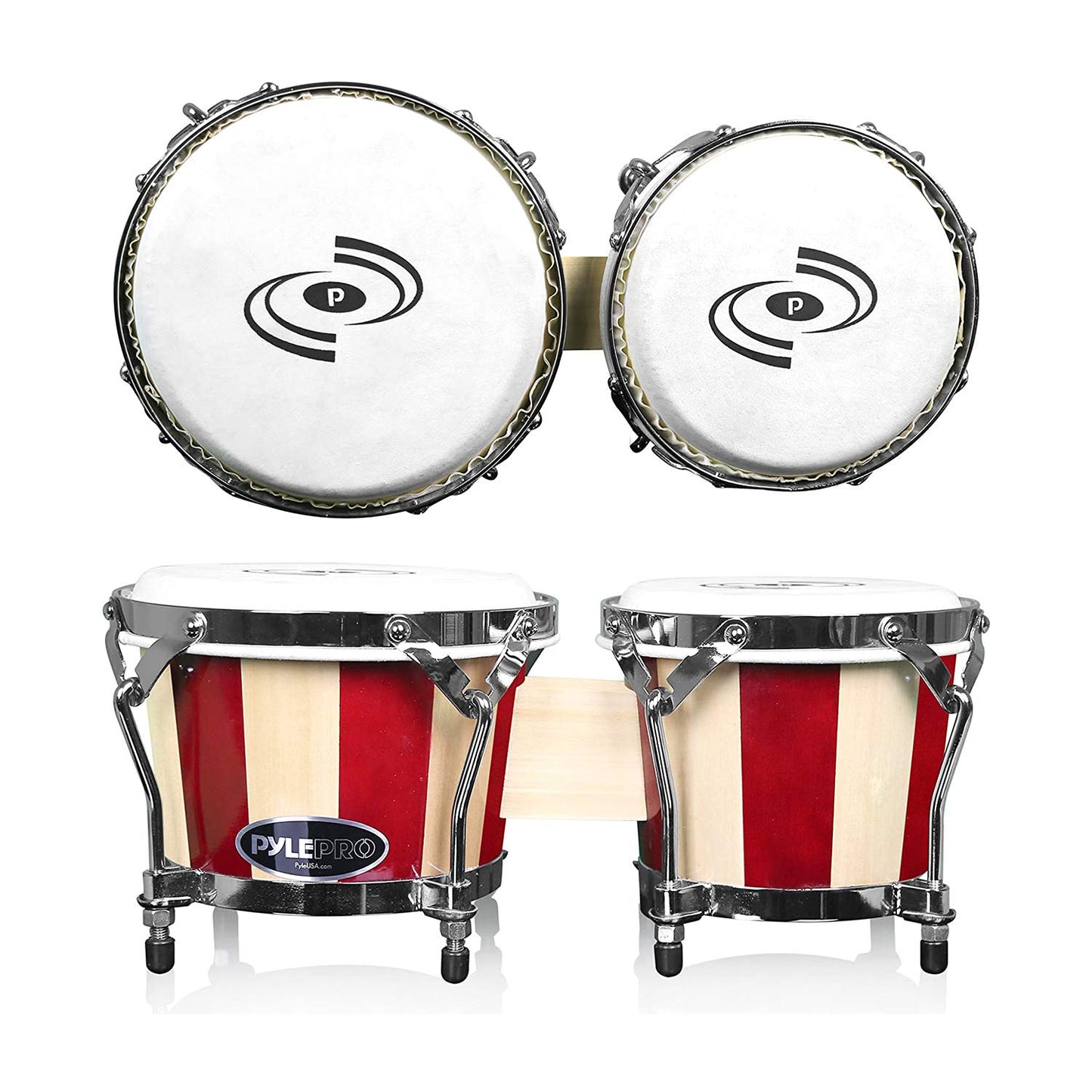 Pyle Hand Crafted Bongo Drums - Pair of Wooden Bongo Drums, 6.5 & 7.5 Inch - PBND10