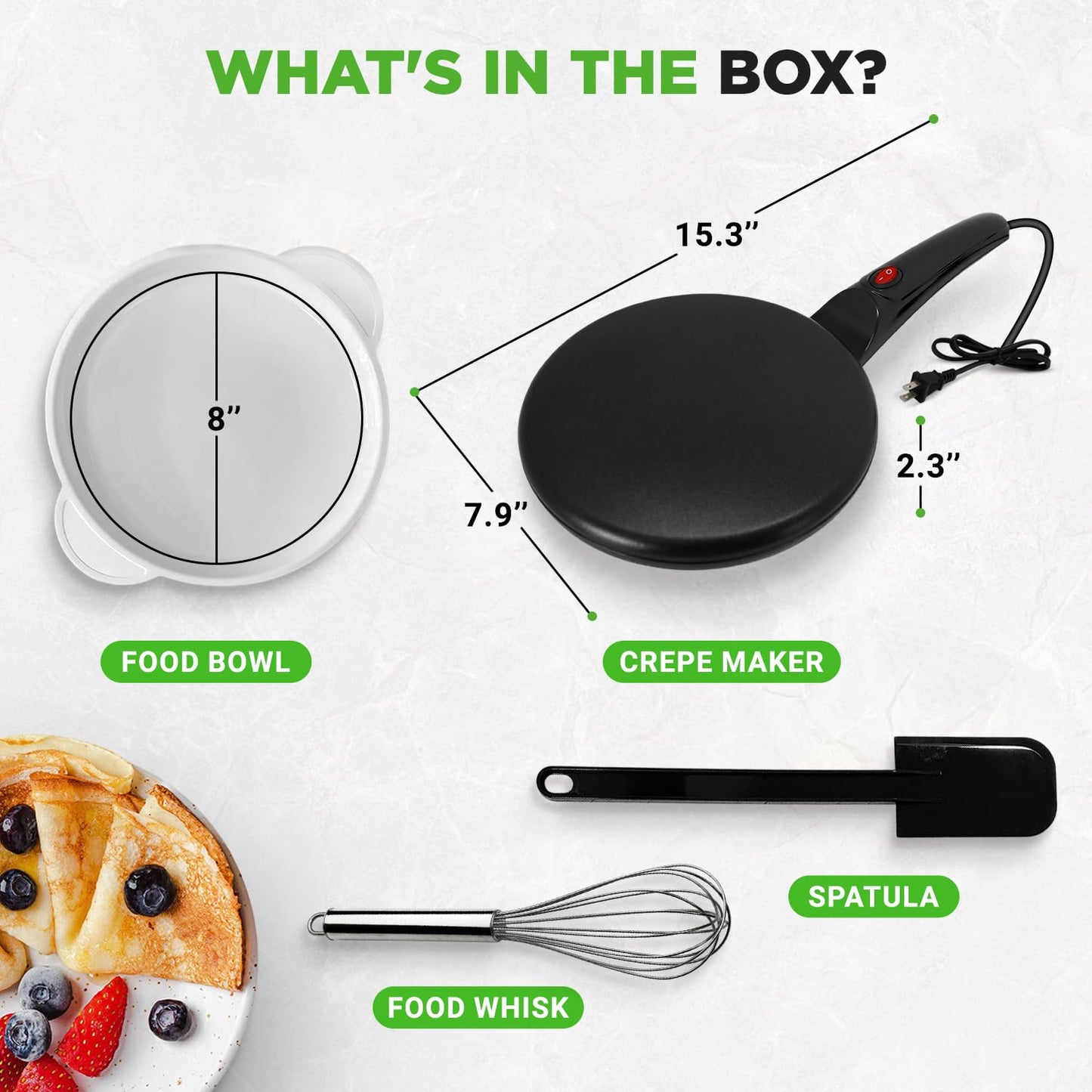 Nutrichef Electric Crepe Maker | 8-inch Nonstick Cooktop with On/Off Switch | Cooks Roti, Tortillas & Pancakes | Automatic Temperature Control & Cool Touch Handle | Includes Food Bowl, Whisk & Spatula