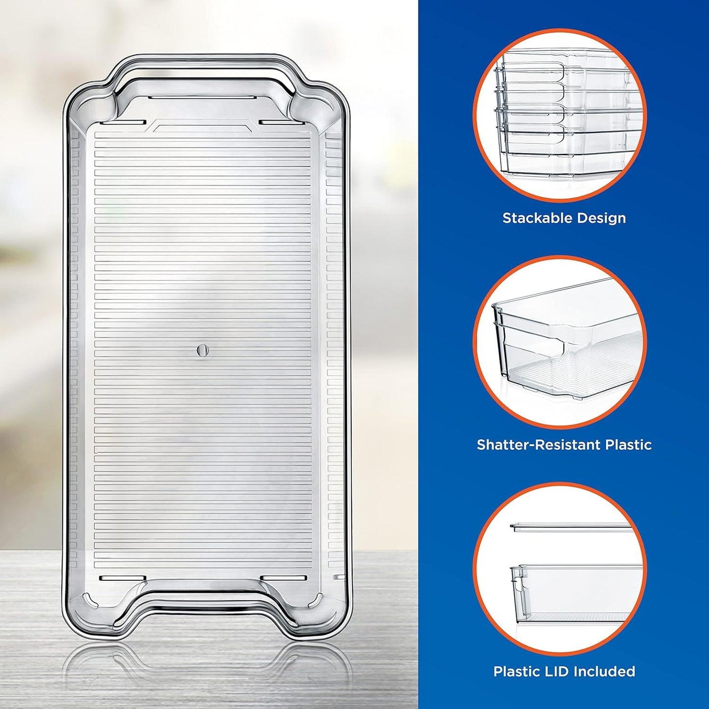 NutriChef 6-Piece Clear Refrigerator Organizer Set – 5 Wide Bins & 1 Egg Holder, BPA-Free, for Fridge, Freezer, Pantry, Cabinets & Countertops