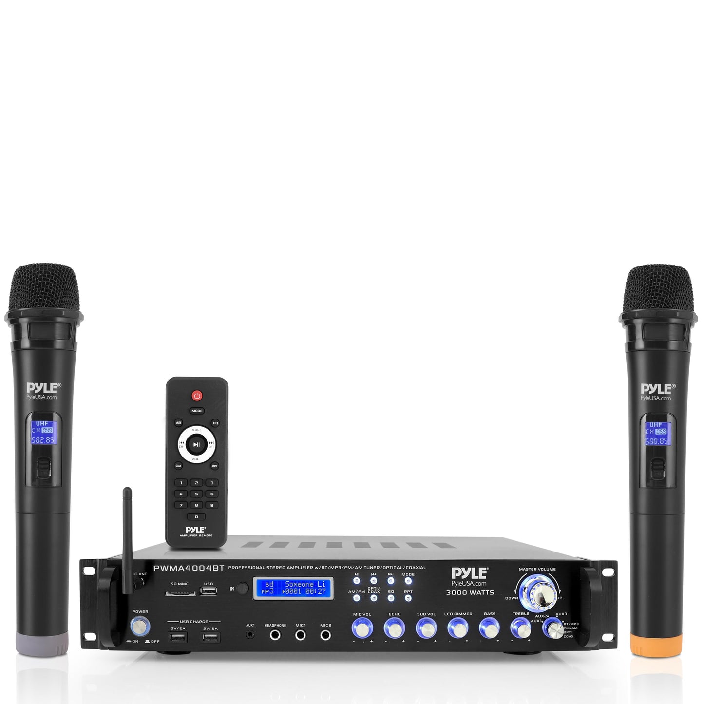 Pyle Bluetooth Multi-Channel Hybrid Pre-Amplifier System - 3000W Home Audio Rack Mount Stereo Power Amplifier Receiver w/ Radio, USB, UHF, Dual Wireless Karaoke mic, Speaker Sound System - PWMA4004BT