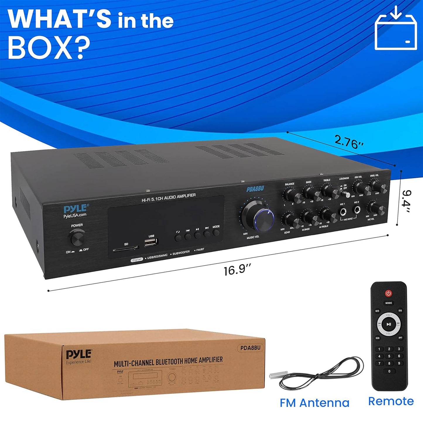 Pyle 5-Channel Wireless Bluetooth 5.0 Audio Amplifier - Stereo Amp for Home Speakers with MP3/USB/SD - AUX - FM Radio - 2 Mic Inputs w/ Echo - Subwoofer Output - VFD Display - Remote Control - PDA8BU