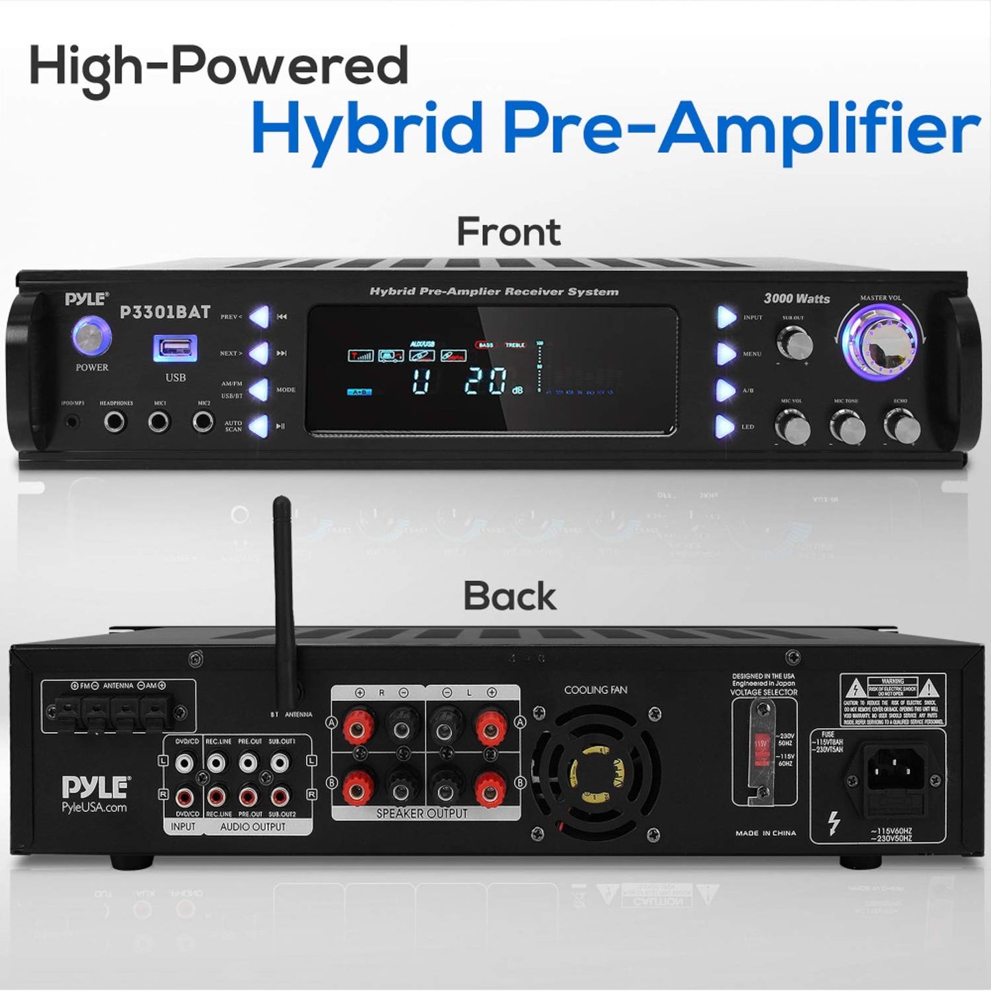 Pyle 3000W Bluetooth 5.0 Home Stereo Amplifier - Hybrid Multi-Channel Audio Receiver w/ AM/FM Radio - MP3/USB - AUX - RCA - 2 Mic Inputs - Speaker Selector - Rack Mount - Remote - P3301BAT