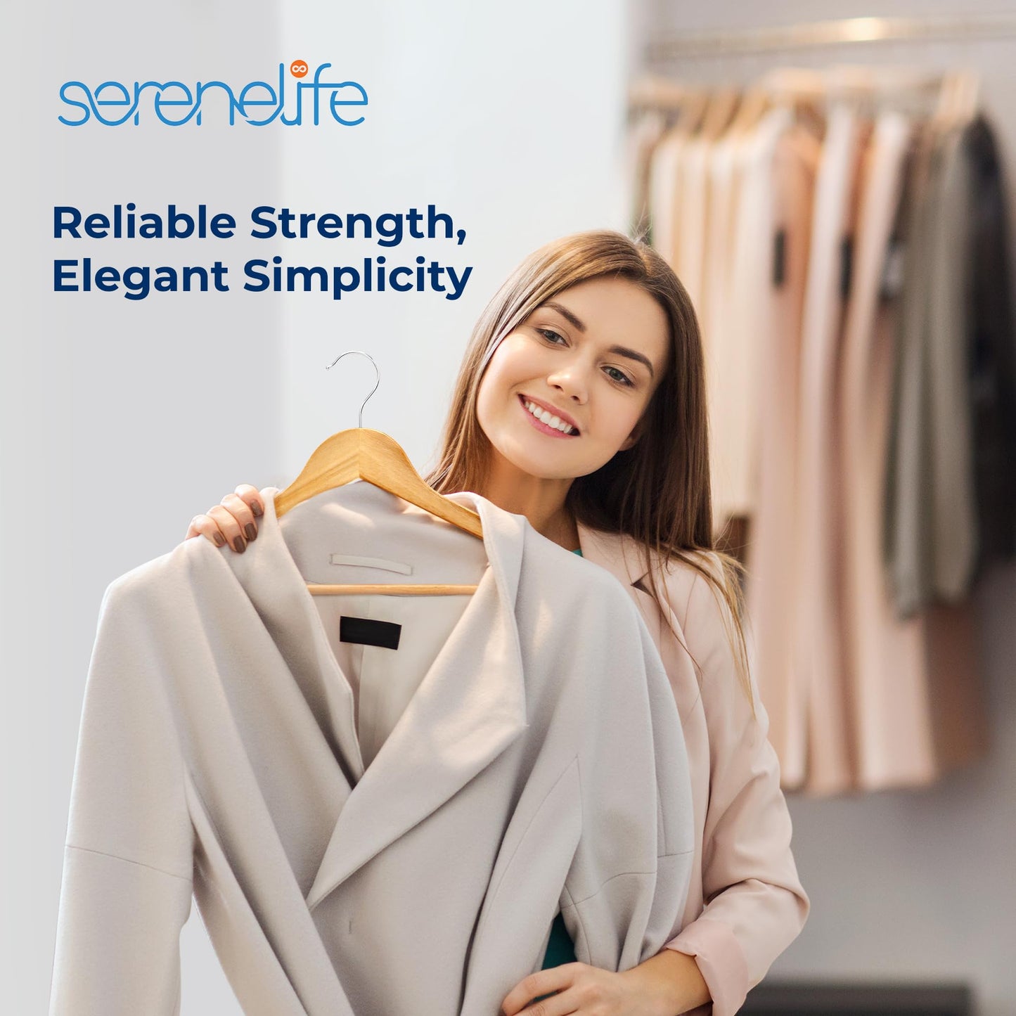 SereneLife 80-Pack Solid Wooden Hangers – Heavy Duty Natural Wood with 360° Swivel Hook, Shoulder Notches & Pants Bar – Space-Saving Design for Suits, Jackets, Dresses, Shirts & More