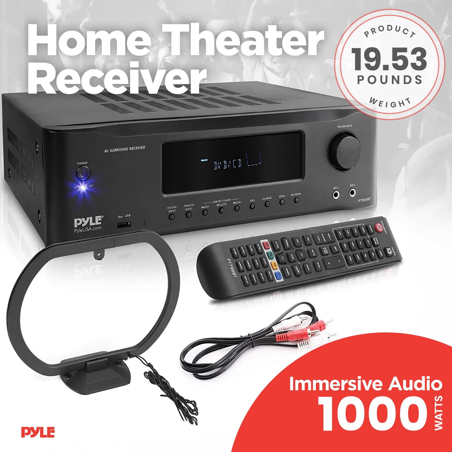 Pyle 2000W 7.1-Channel Hi-Fi Bluetooth 5.0 Stereo Amplifier - AV Home Theater Receiver with Radio - USB - RCA - HDMI - MIC IN - 4K UHD TV & 3D Blu-Ray Support - Surround Sound - Subwoofer - PT796BT