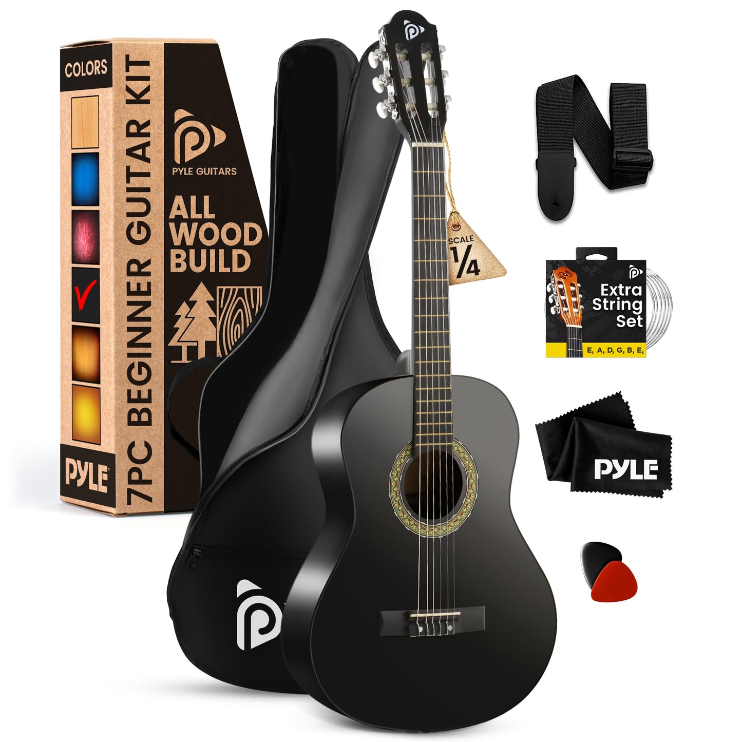 Pyle Beginner Acoustic Guitar Kit, 1/4 Junior Size All Wood Instrument for Adults, Kids, 30" Black Matte