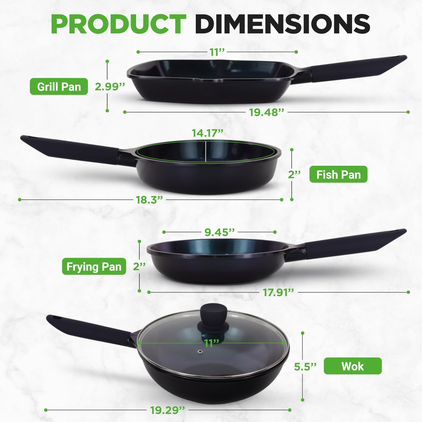 NutriChef 5-Piece Frying Pan Cooking Set, Non-Stick Ceramic Pan Set with Grill Pan and Wok, Stain-Resistant Frying Pans With Cool-Touch Handles, Tempered Glass Lid, PTFE/PFOA/PFOS Free (Blue)